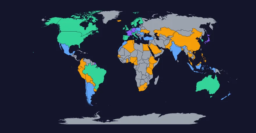 The app's world map tinted by mastery tier: Europe mostly green and violet, the Americas green and blue, Africa and Asia scattered amber, the rest still grey